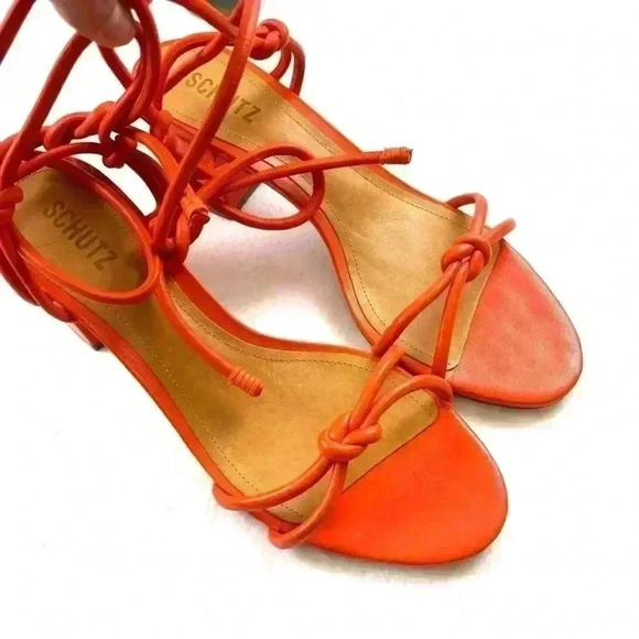 NWOT Schutz Flame Orange Leather Strappy Block Heel Made Brazil Sandal Size 10B - Picture 3 of 15